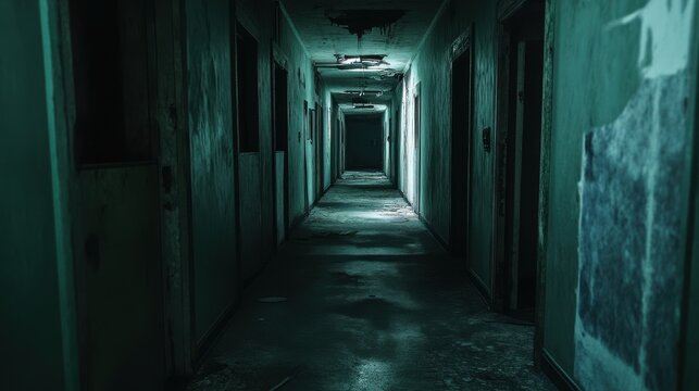 Creepy dark corridor in abandoned hospital, scary underground passage in old building, concept of horror, hallway.