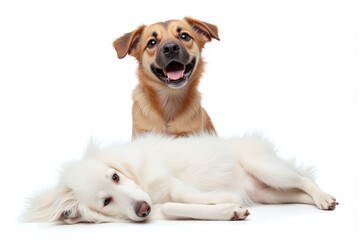 Fototapeta premium two dogs laying next to each other on a white background