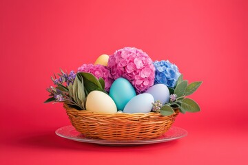 Colorful hydrangea and pastel eggs in a wicker basket.