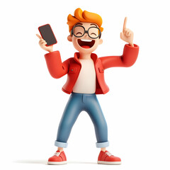 Joyful Cartoon Man Celebrates with Phone in Hand Wearing a Red Jacket Blue Jeans and Sneakers on White Background in a Cheerful 3D Render