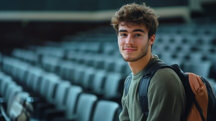 A young male student sits thoughtfully in a classroom, embodying the spirit of education and engagement. The modern environment enhances his focused demeanor.