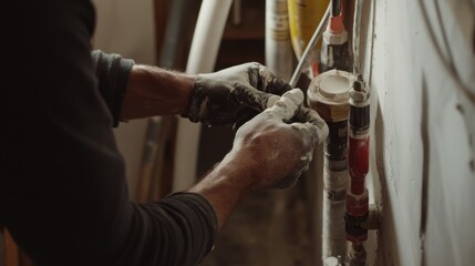 Obraz premium Plumber sealing pipes with joint compound in a basement. Featuring skill and technique
