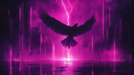 Powerful silhouette eagle soaring over a vibrant neon purple cityscape, illuminated by intense lightning