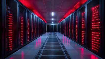 Fototapeta premium Data Center Hallway with Red Lights