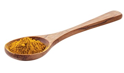 Turmeric powder on a wooden spoon, isolated on a white background