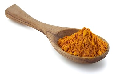 Turmeric powder on a wooden spoon, isolated on a white background