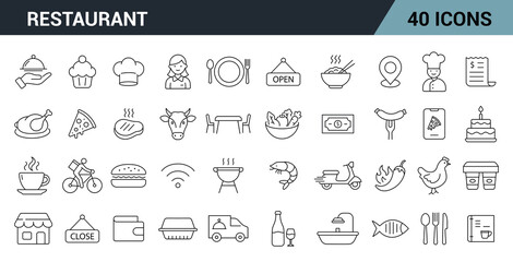 Restaurant Line Editable Icons Set. Includes dining, cooking, service, food, beverages, and restaurant environment symbols. Vector illustration.