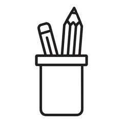 A black and white line drawing of a pencil holder. The pencil holder is rectangular in shape and has a handle on the top for easy carrying.