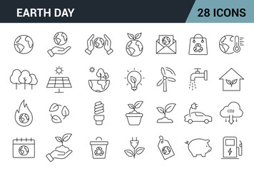 Earth Day Line Editable Icons Set. Includes nature, sustainability, eco-friendly actions, green energy, environmental protection, and Earth care symbols. Vector illustration.