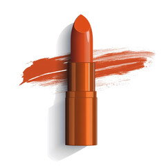 Orange lipstick with smear on transparent background Concept of beauty, makeup, cosmetics, and fashion