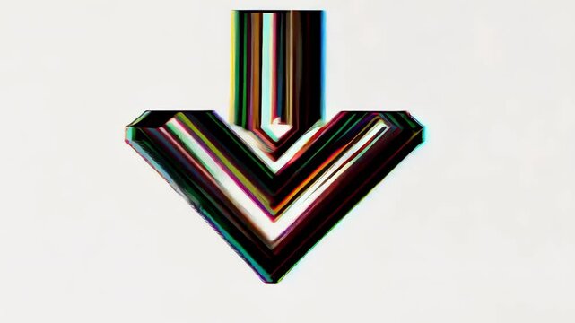 Downward arrow icon with glitch effect background video.
