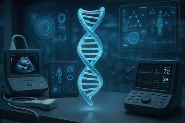 Blue digital DNA double helix floating in a high-tech laboratory surrounded by medical equipment, monitors, and scientific data visuals.