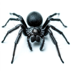 Black spider with detailed anatomy and hairy legs, isolated on white background