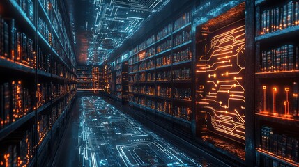Futuristic Library Digital Bookshelves, glowing circuits, knowledge access