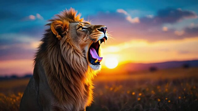 Fierce lion roaring with sunset background in wild plains. 