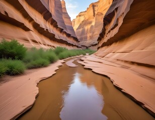 Beautiful wide angle view of amazing sandstone formations Canyon. Flush flooding and rainwater carved the sandstone canyon walls in time into sculptural shapes.