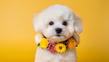 white pomeranian dog wearing flowers wreath
