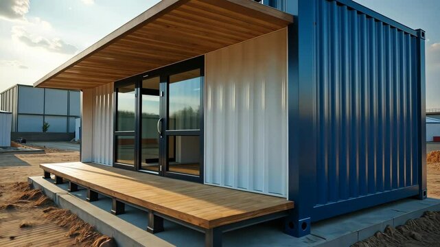A modern shipping container house with a wooden deck in a semi-industrial setting under a bright sky.