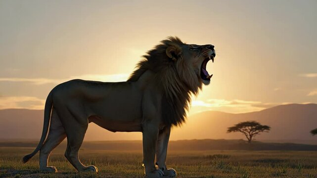 Powerful male lion roaring at golden hour on savanna. 
