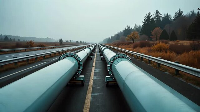 A panoramic view of parallel pipelines against a misty landscape, showcasing industrial infrastructure and nature.