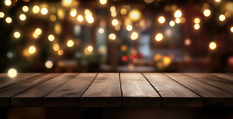 empty wooden table top with lights bokeh on blur restaurant background.