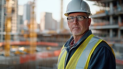 Fototapeta premium A middle-aged male construction worker stands confidently on-site, wearing safety gear, including a hard hat and reflective vest, in an urban construction environment.