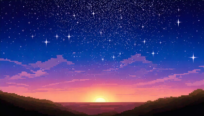 Naklejka premium Pixel Art Starry Sky at Dawn Time for Digital Design and Game Assets