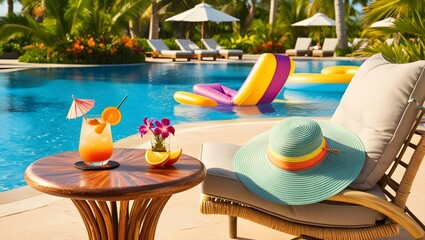 Obraz premium Relaxing Poolside with Cocktail and Straw Hat