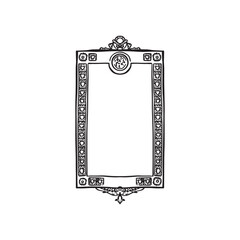 A vintage overmantle frame in Italian style. Ornate mirror or picture frame border featuring shields. Hand drawn in black and white. 