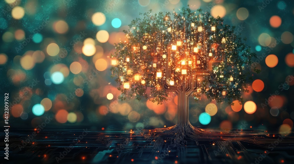 Poster futuristic tree with circuit pattern and vibrant bokeh