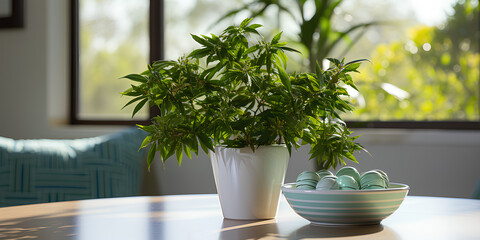 Fototapeta premium Clinic Table with Green Plant in the Background