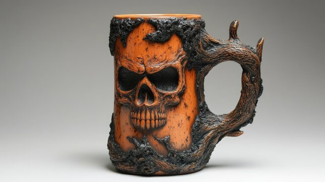 Ornate skull mug with tree branch handle
