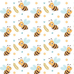 Fototapeta premium Seamless pattern with cute cartoon bees, flowers, and hearts on a light background. Perfect for kids' textiles, wallpapers, and wrapping paper.