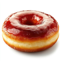 Obraz premium Glazed donut with red jam topping placed isolated on white background