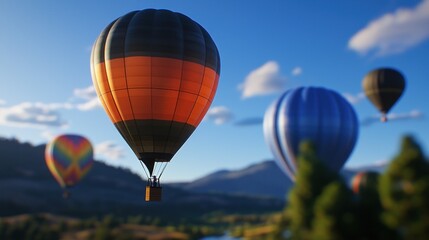 Colorful hot air balloons over scenic mountains and valley at sunrise