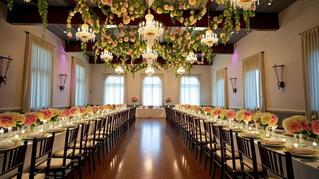 Elegant wedding reception setting with floral decor, candles, and beautifully arranged tables for a memorable event.