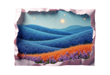 Torn Paper Landscape: Blue Hills, Orange Flowers, Starry Sky, transparent background