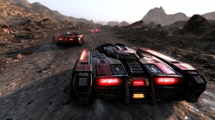 Naklejka premium Futuristic racers on desert track, distant mountains
