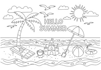 Hello Summer Beach scene coloring page palm tree sandcastle beach ball umbrella simple line art