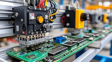 Automated PCB Assembly Line Close up of Robotic Soldering Process and Circuit Board Manufacturing