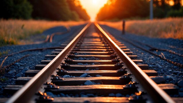 Scenic railway tracks bathed in golden hour light