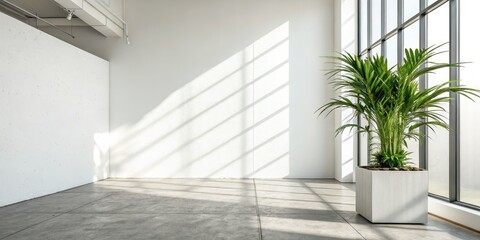 Obraz premium Empty white wall, simple planter, minimalist gallery mockup. Design inspiration awaits.
