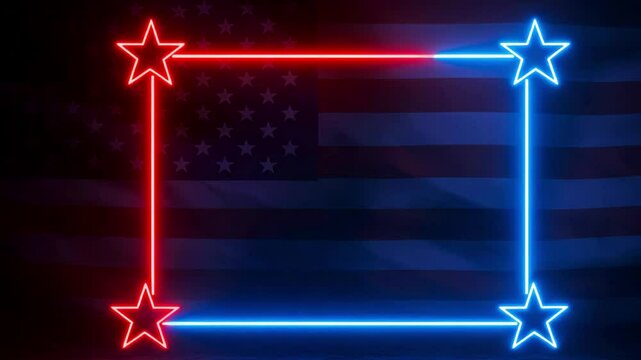 American flag backdrop illuminated by neon stars and lines forming a patriotic rectangle frame glow