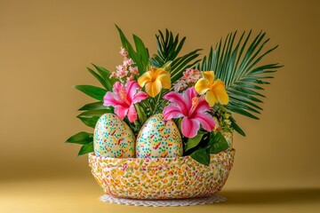 Colorful easter eggs and tropical flowers arranged in a decorative bowl.