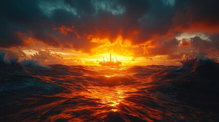 Fiery sunset over turbulent ocean with offshore rig