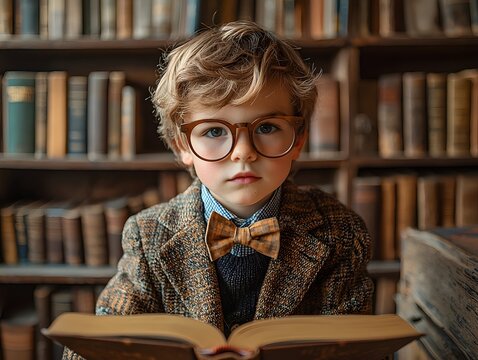 Boy reading a book in a cozy library