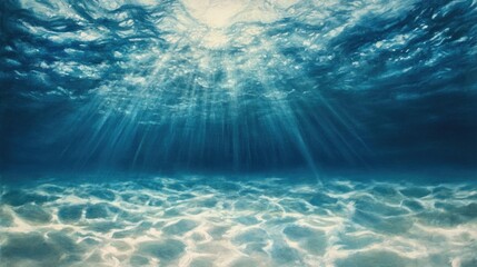 Blue sea or ocean underwater with sunbeam and ripples