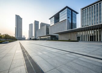 Fototapeta premium Empty pavements reflect the futuristic skyline of a modern Chinese city, a blend of sleek buildings and contemporary design.