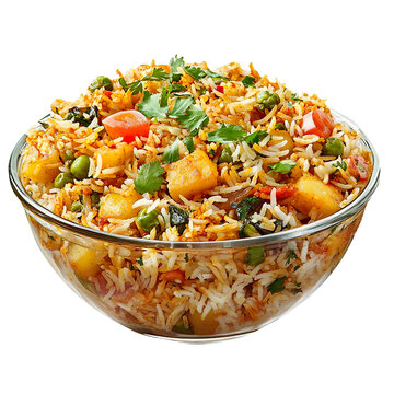 A visually appetizing image showcasing Indian veg biryani veg pulav and vegetable pulao from India elegantly presented in a glass bowl against isolated on a white background