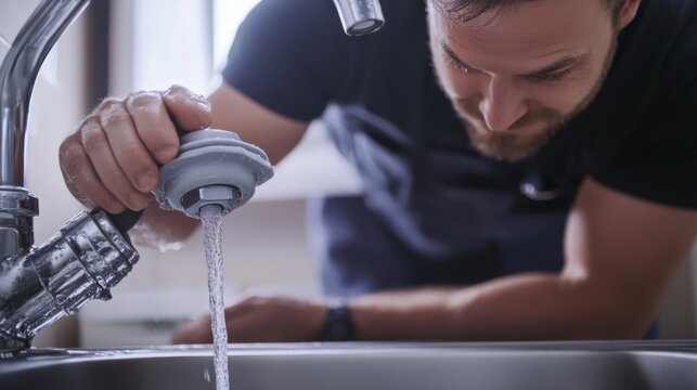 Plumber unclogging a sink drain with a plunger. Featuring simple plumbing solutions and quick fixes